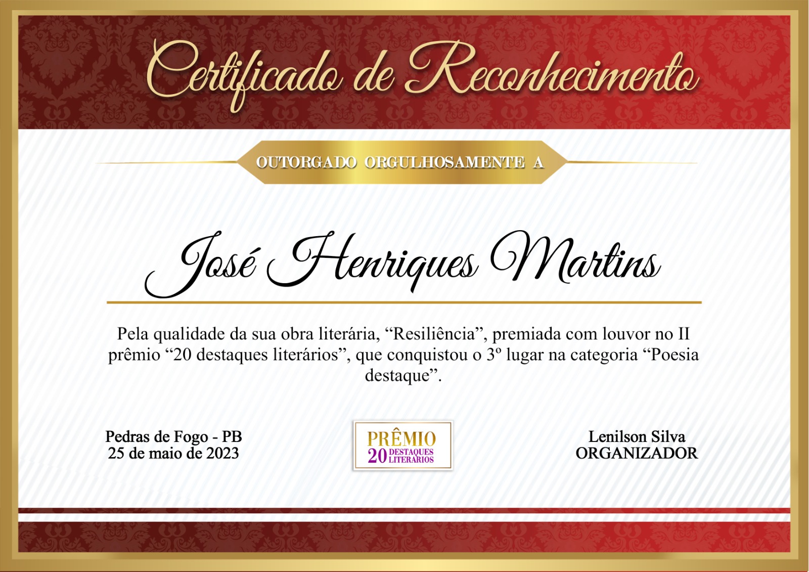 Certificado de reconhecimento do Prêmio 20 Destaques Literários