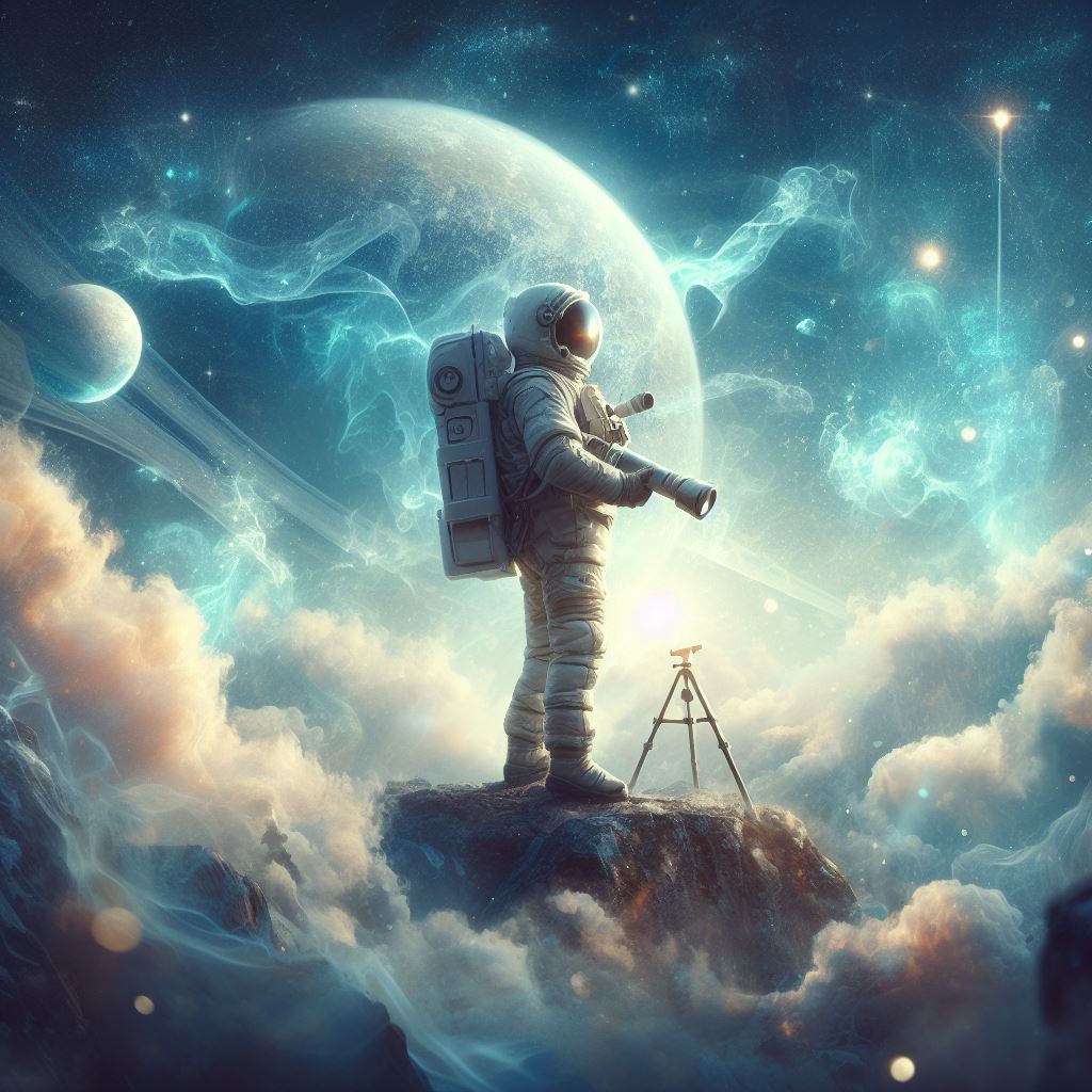 Astronauta encantado com os planetas