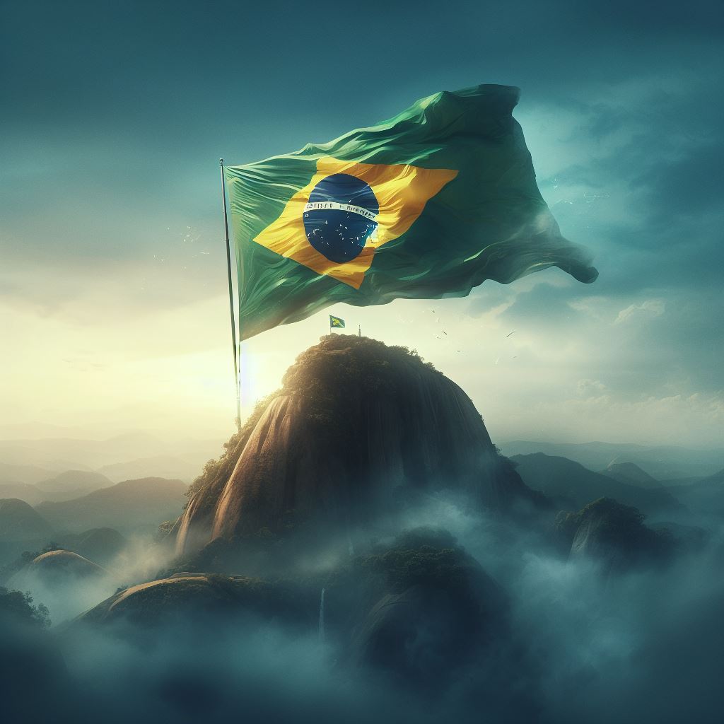 A Bandeira do Brasil, drapejando no alto de uma colina