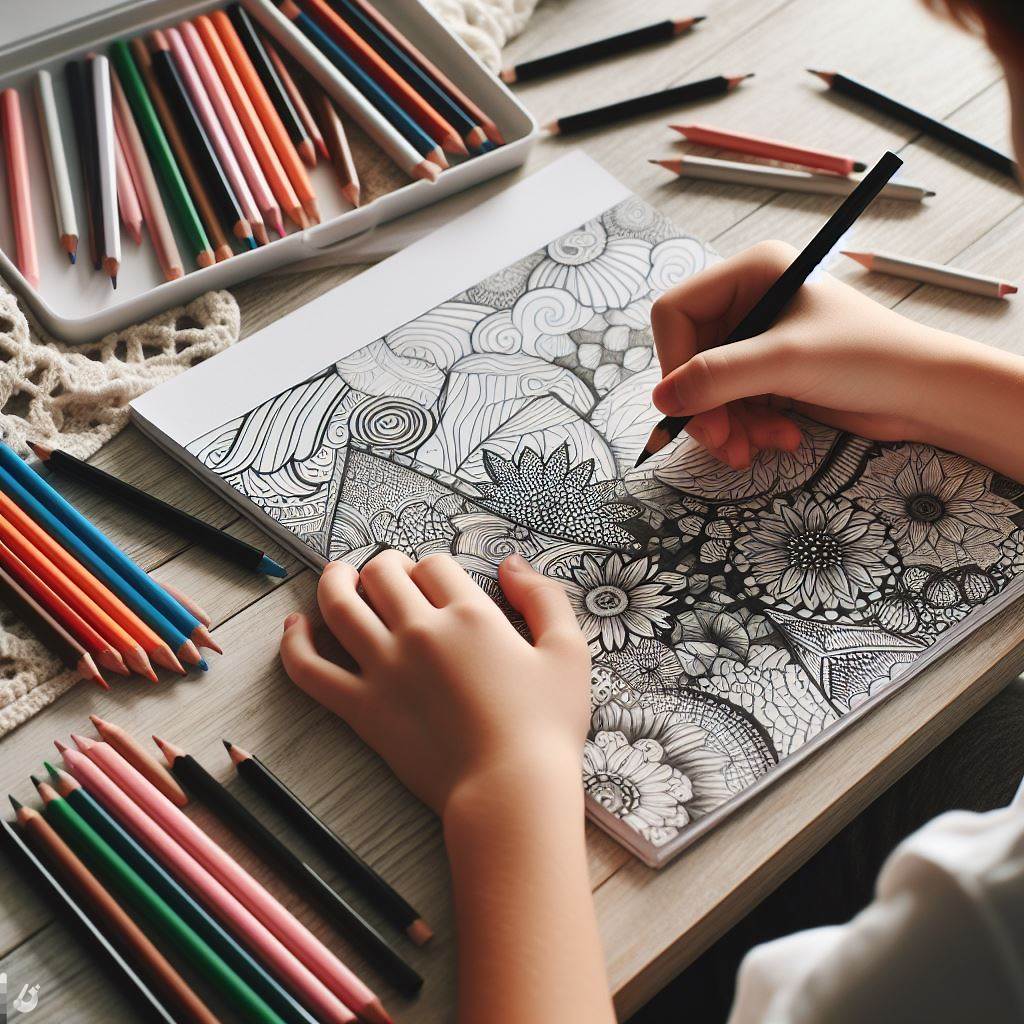 Colorindo desenhos em preto e branco com lápis de cor